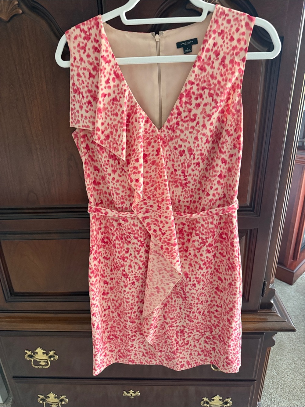 Ann Taylor Pink and Cream Ruffle V‑Neck Sheath Dress